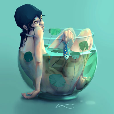 illustratie - biotope - footprint - bathing girl - nude - fish